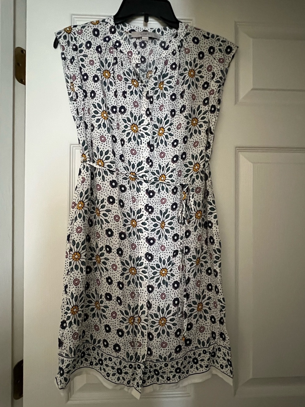 LOFT White Floral Midi Dress with Yellow & Navy Accents
